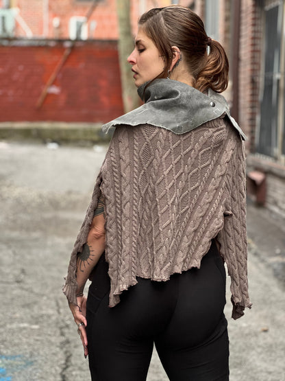 Grey Leather Cowl Neck Poncho