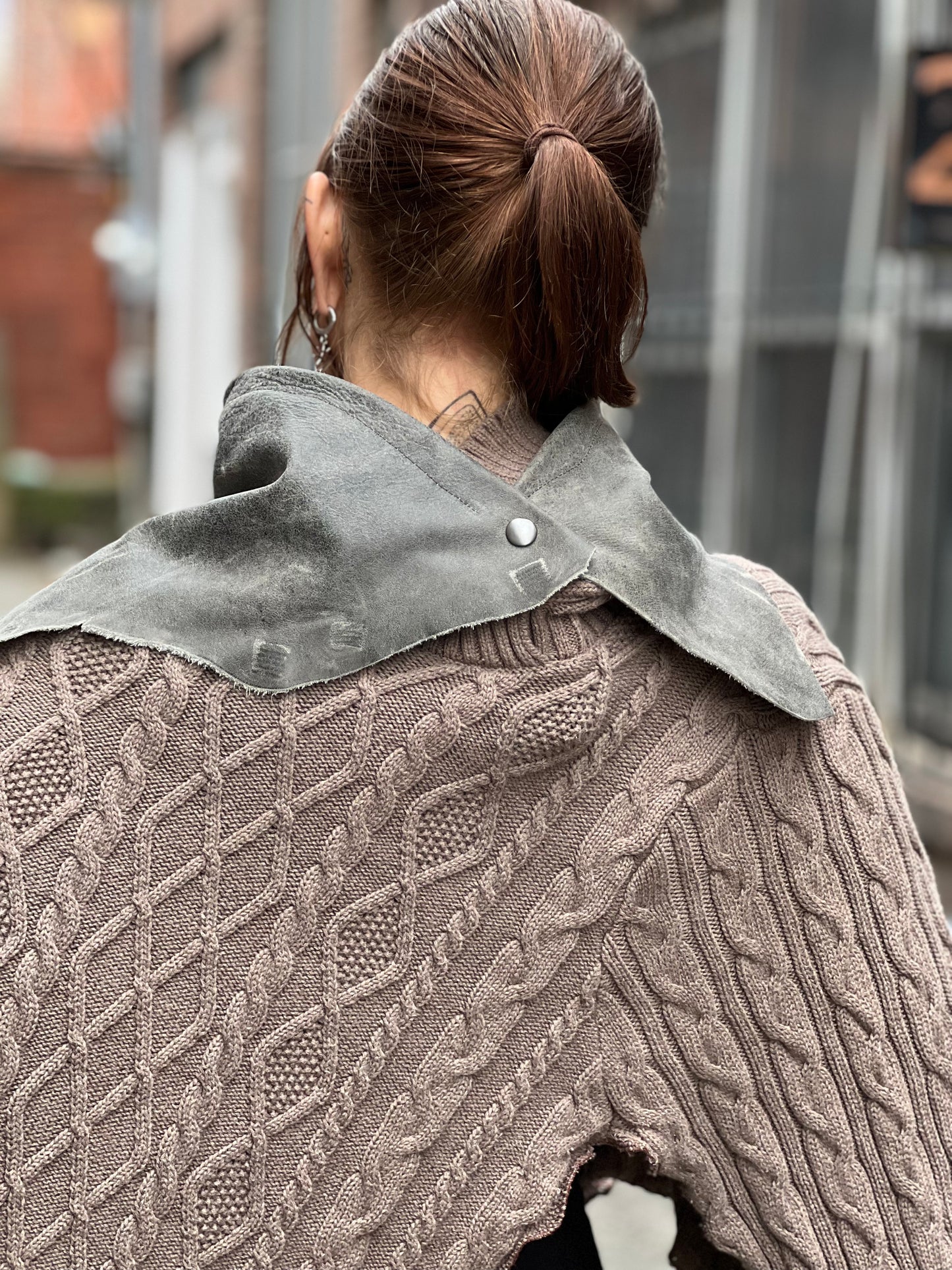 Grey Leather Cowl Neck Poncho