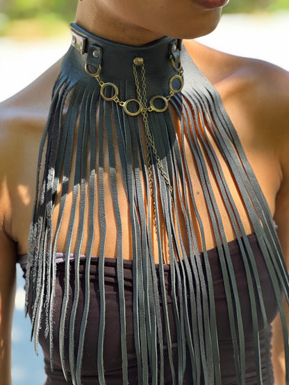 Black Leather Long Fringe Neckpiece