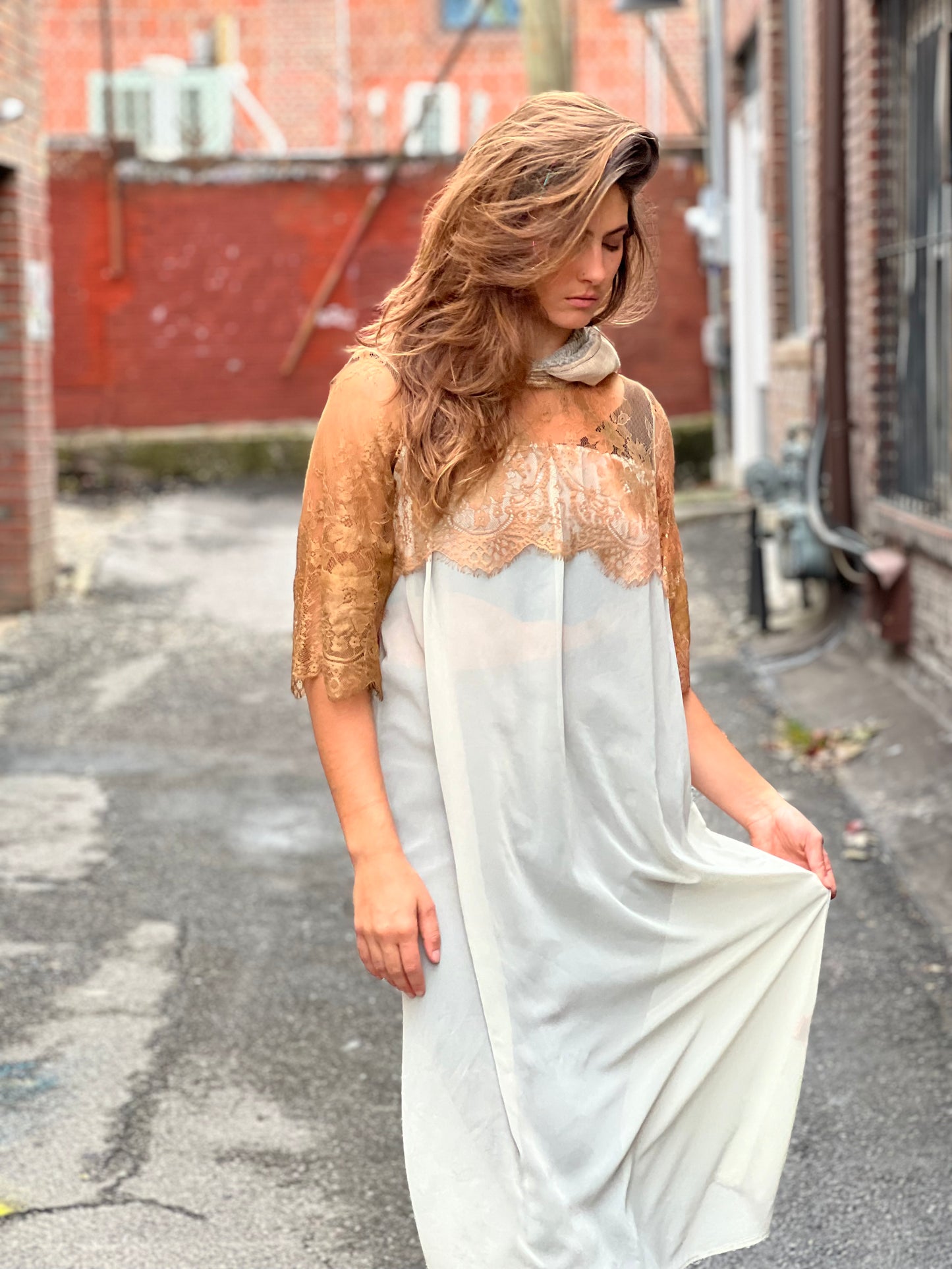 Cooper & Ivory Hooded Lace Sheer Maxi Dress