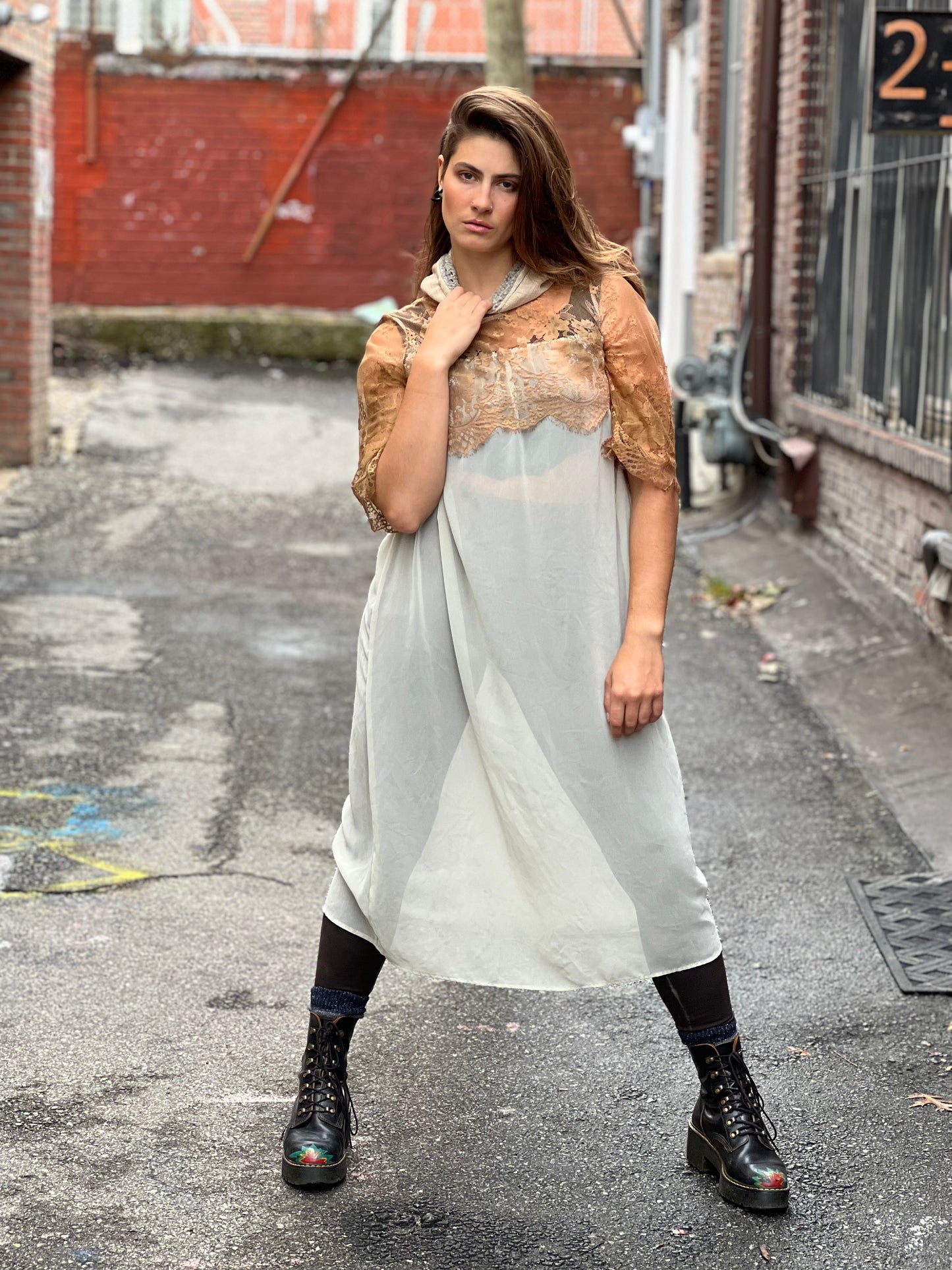 Copper & Ivory Hooded Lace Sheer Maxi Dress Copper & Ivory Hooded Lace Sheer Maxi Dress