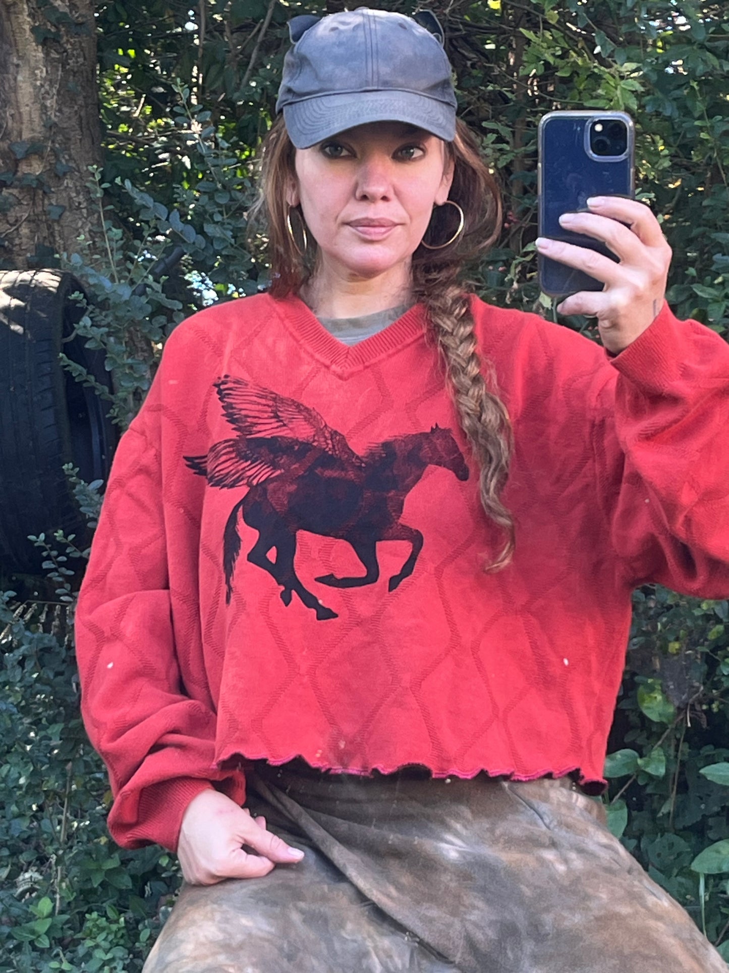 Bright Orange Pegasus Print Crop Sweater