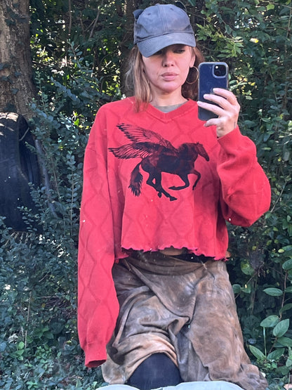 Bright Orange Pegasus Print Crop Sweater