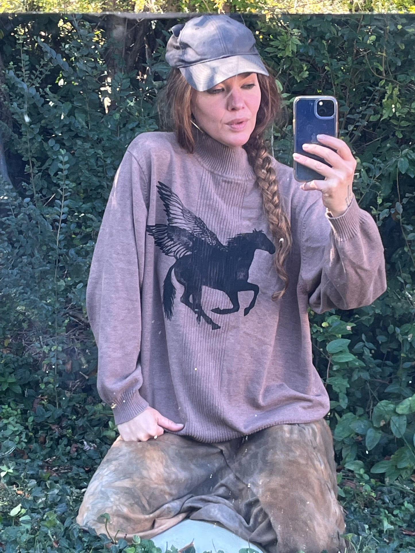 Light Brown Pegasus Print Turtle Neck Sweater