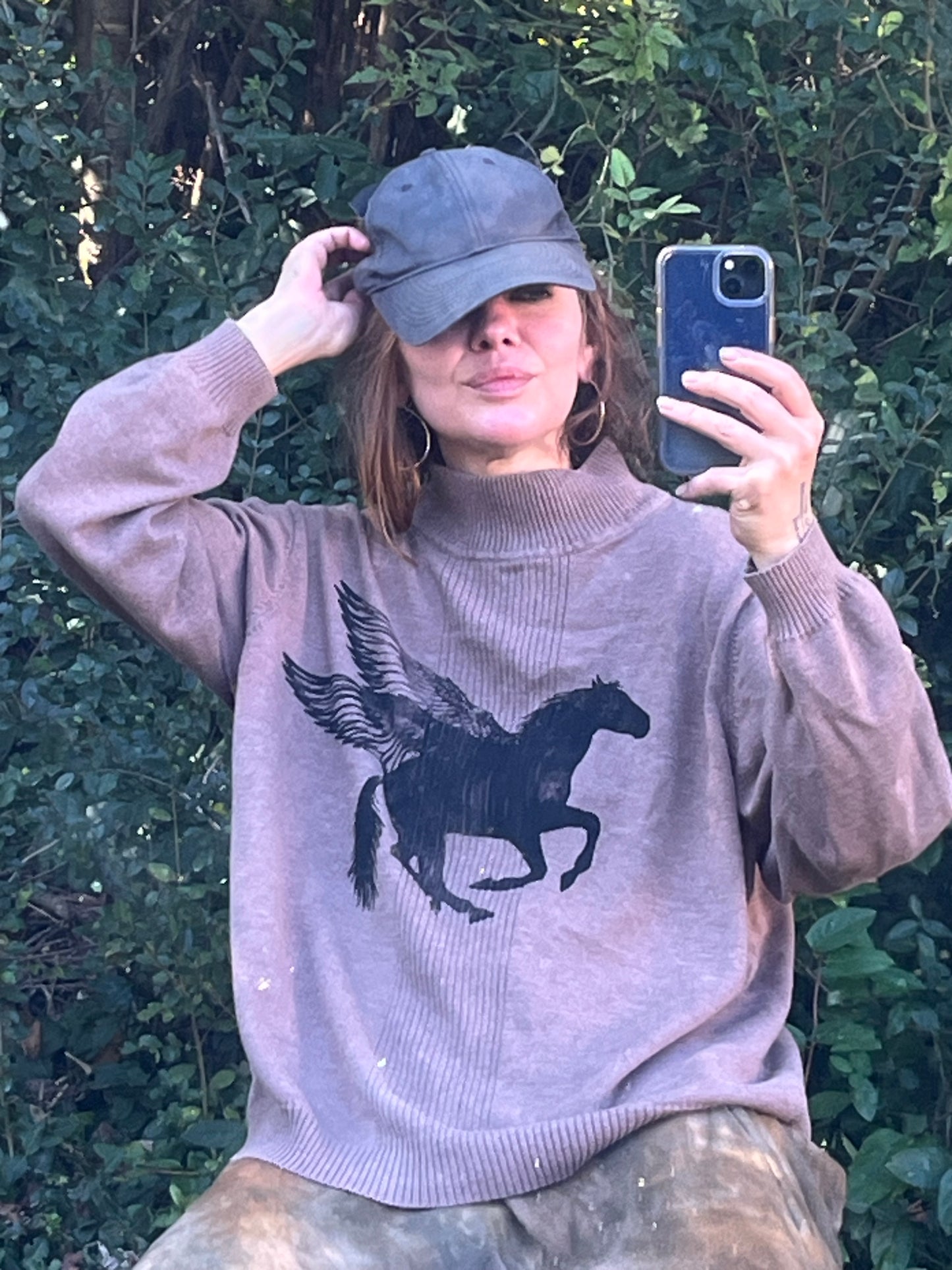 Light Brown Pegasus Print Turtle Neck Sweater