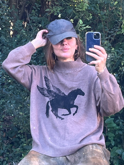 Light Brown Pegasus Print Turtle Neck Sweater