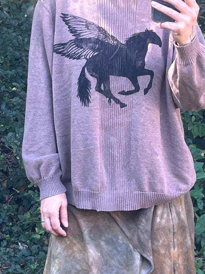 Light Brown Pegasus Print Turtle Neck Sweater