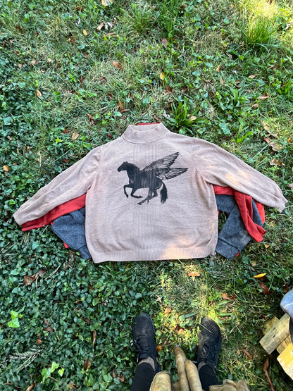 Light Brown Pegasus Print Turtle Neck Sweater