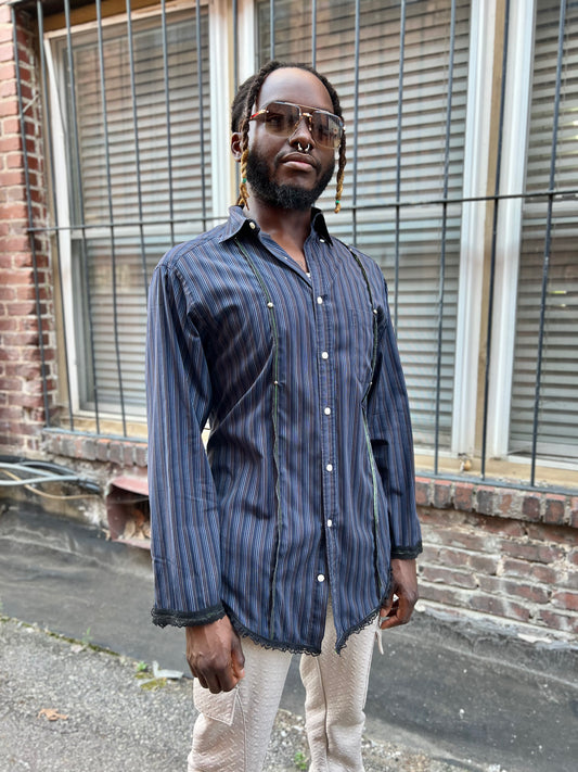 Indigo Stripe Button Down Serged Dress Shirt