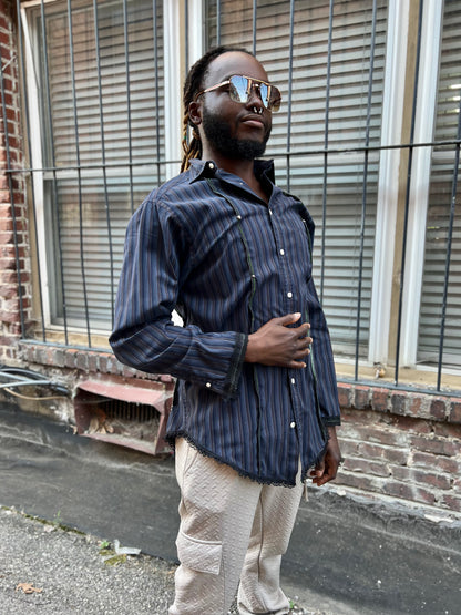 Indigo Stripe Button Down Serged Dress Shirt