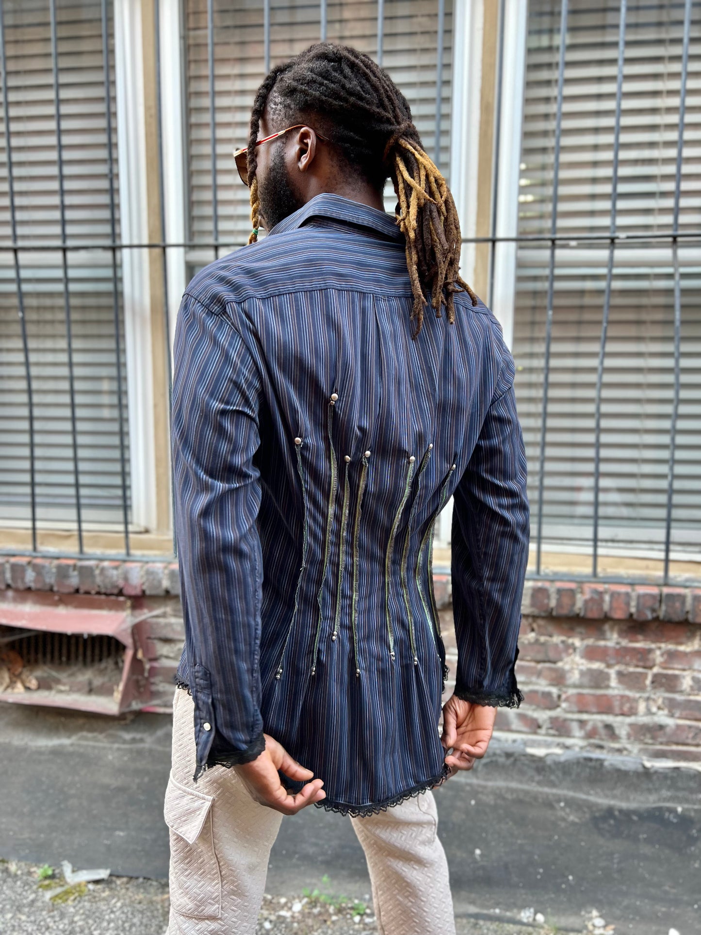 Indigo Stripe Button Down Serged Dress Shirt