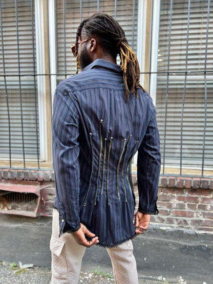 Indigo Stripe Button Down Serged Dress Shirt