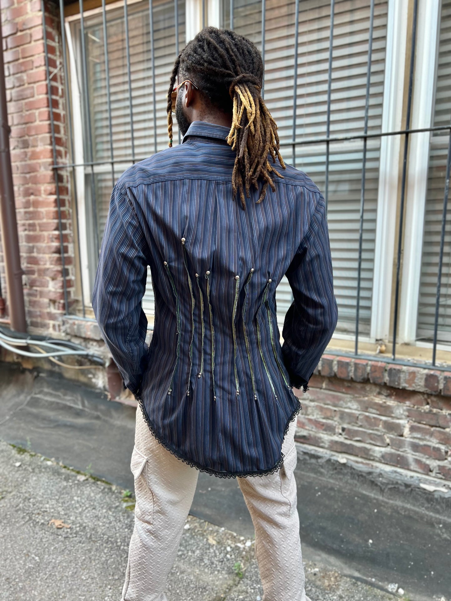Indigo Stripe Button Down Serged Dress Shirt