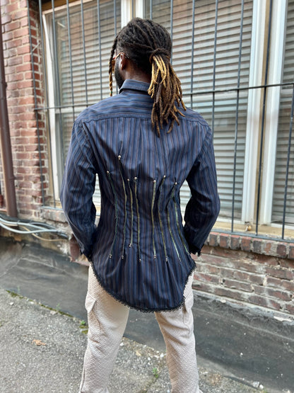 Indigo Stripe Button Down Serged Dress Shirt