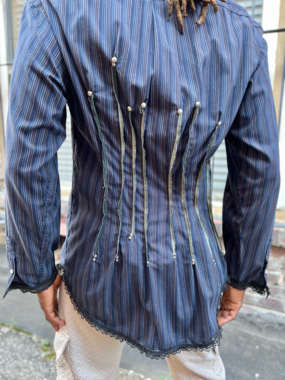 Indigo Stripe Button Down Serged Dress Shirt