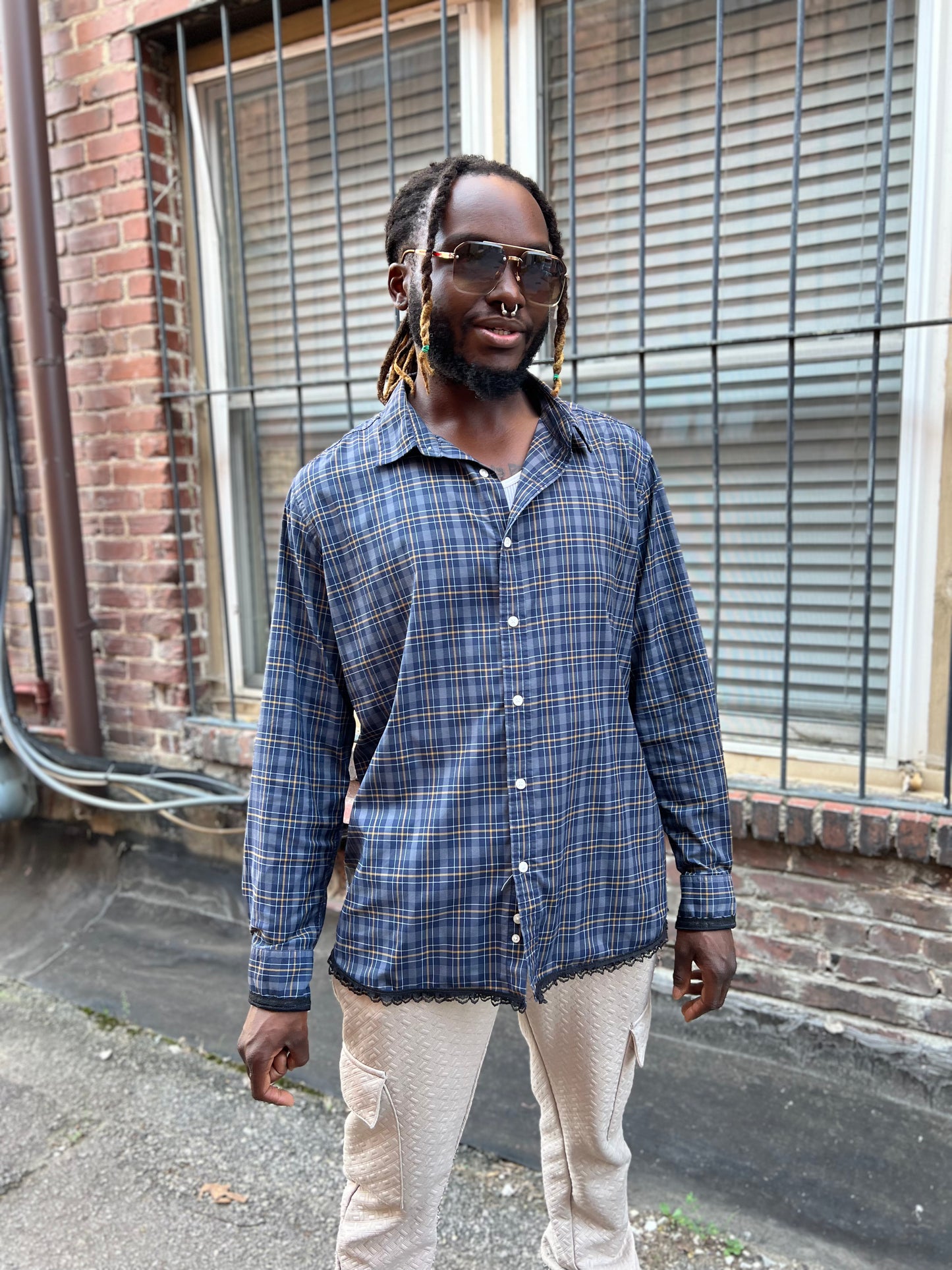 Slate Plaid Button Down Serged Dress Shirt