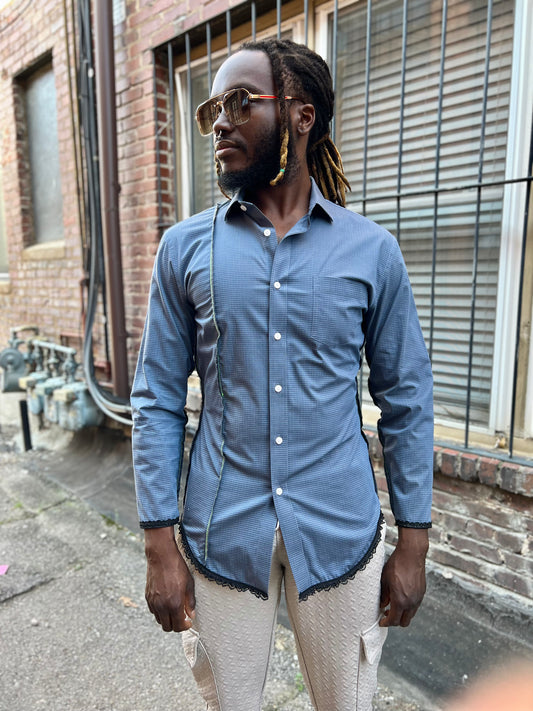 Blue Checkered Button Down Serged Dress Shirt