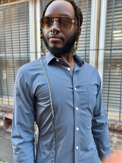 Blue Checkered Button Down Serged Dress Shirt
