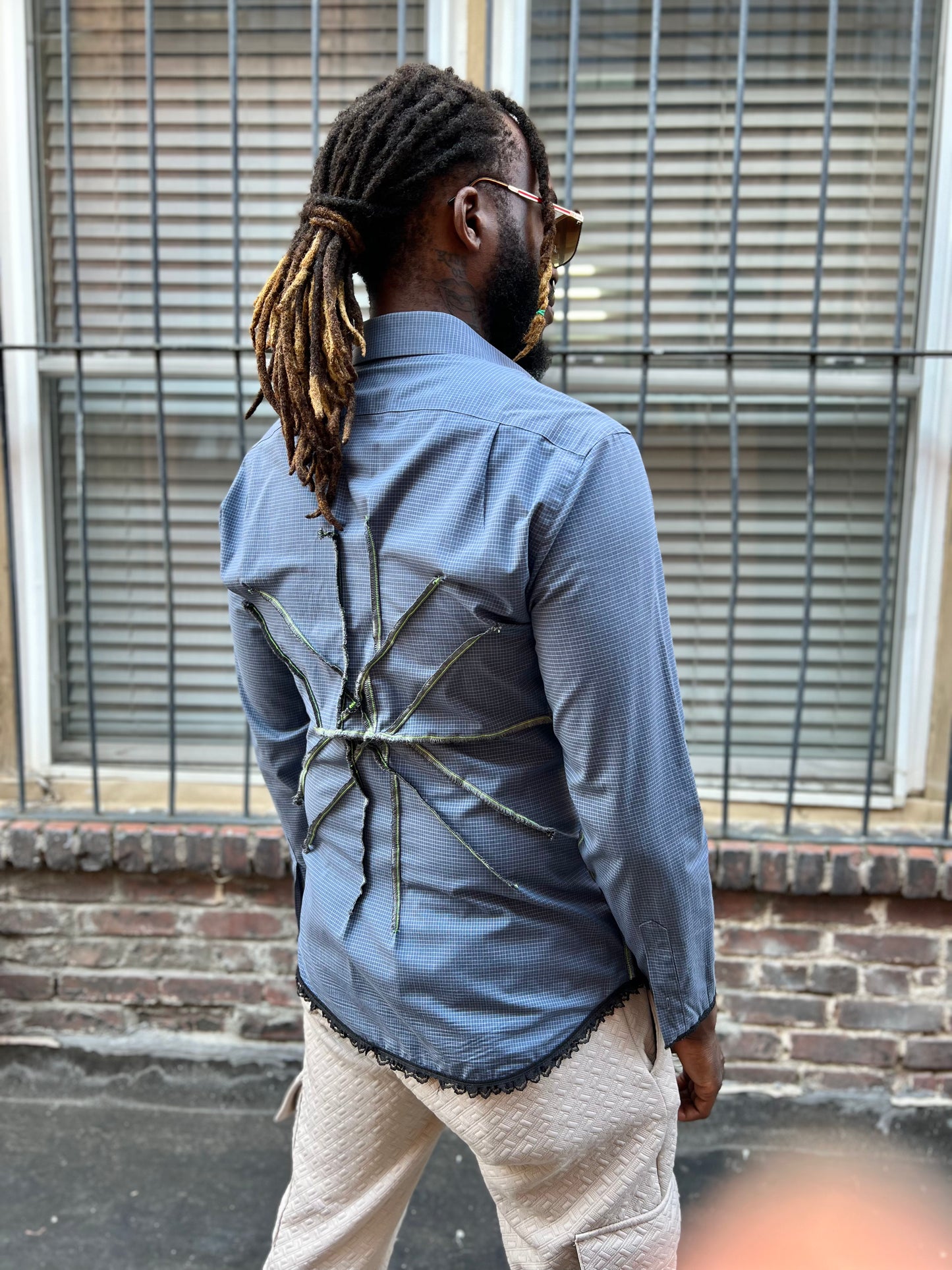 Blue Checkered Button Down Serged Dress Shirt