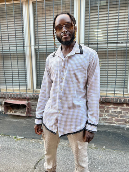 Taupe Checkered Button Down Serged Dress Shirt