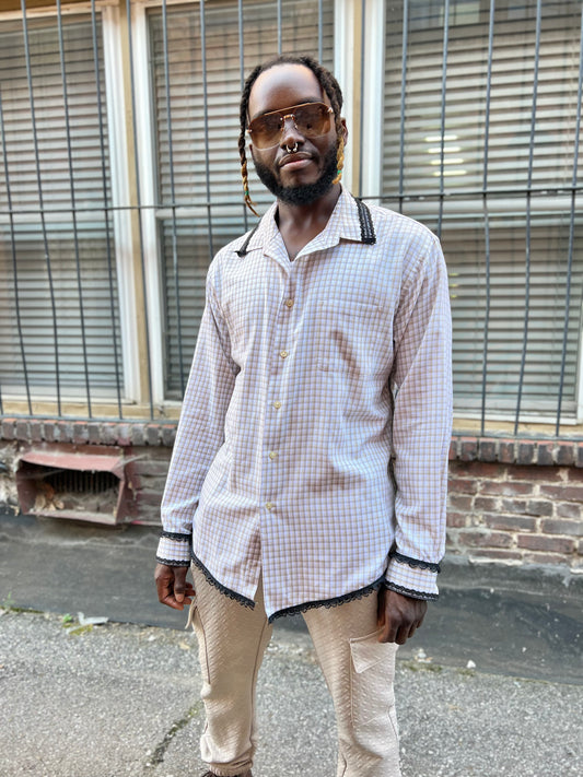 Taupe Checkered Button Down Serged Dress Shirt
