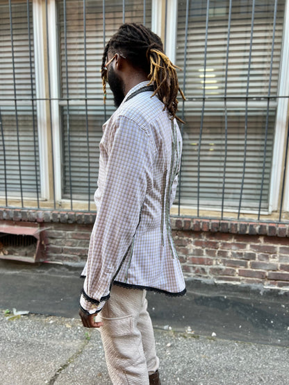 Taupe Checkered Button Down Serged Dress Shirt