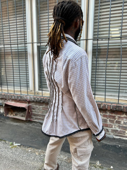 Taupe Checkered Button Down Serged Dress Shirt