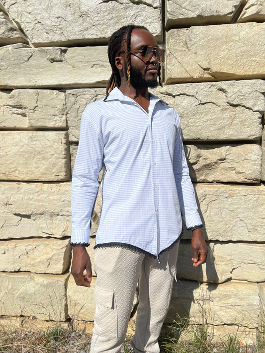 White Checkered Button Down Serged Dress Shirt
