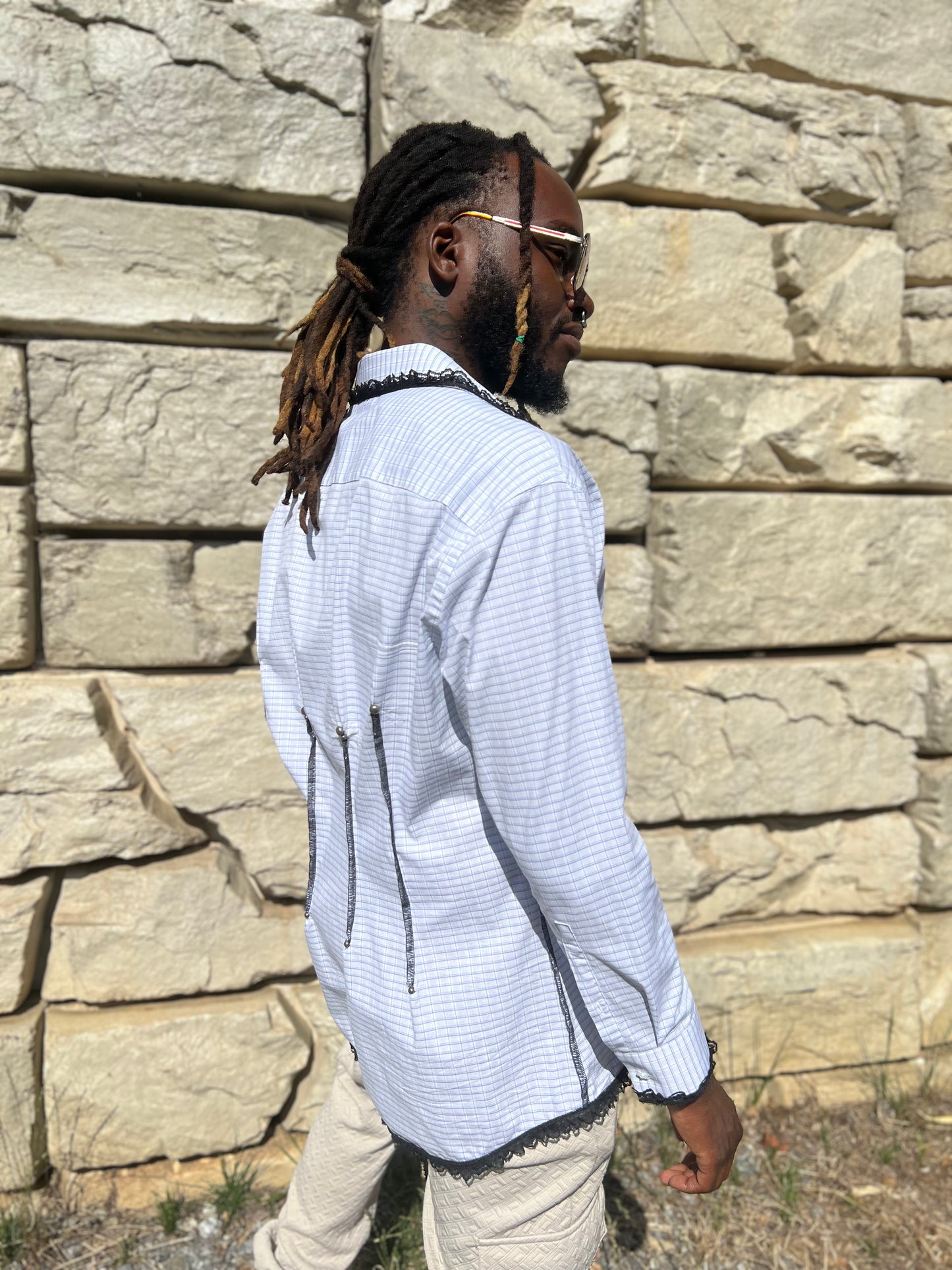 White Checkered Button Down Serged Dress Shirt