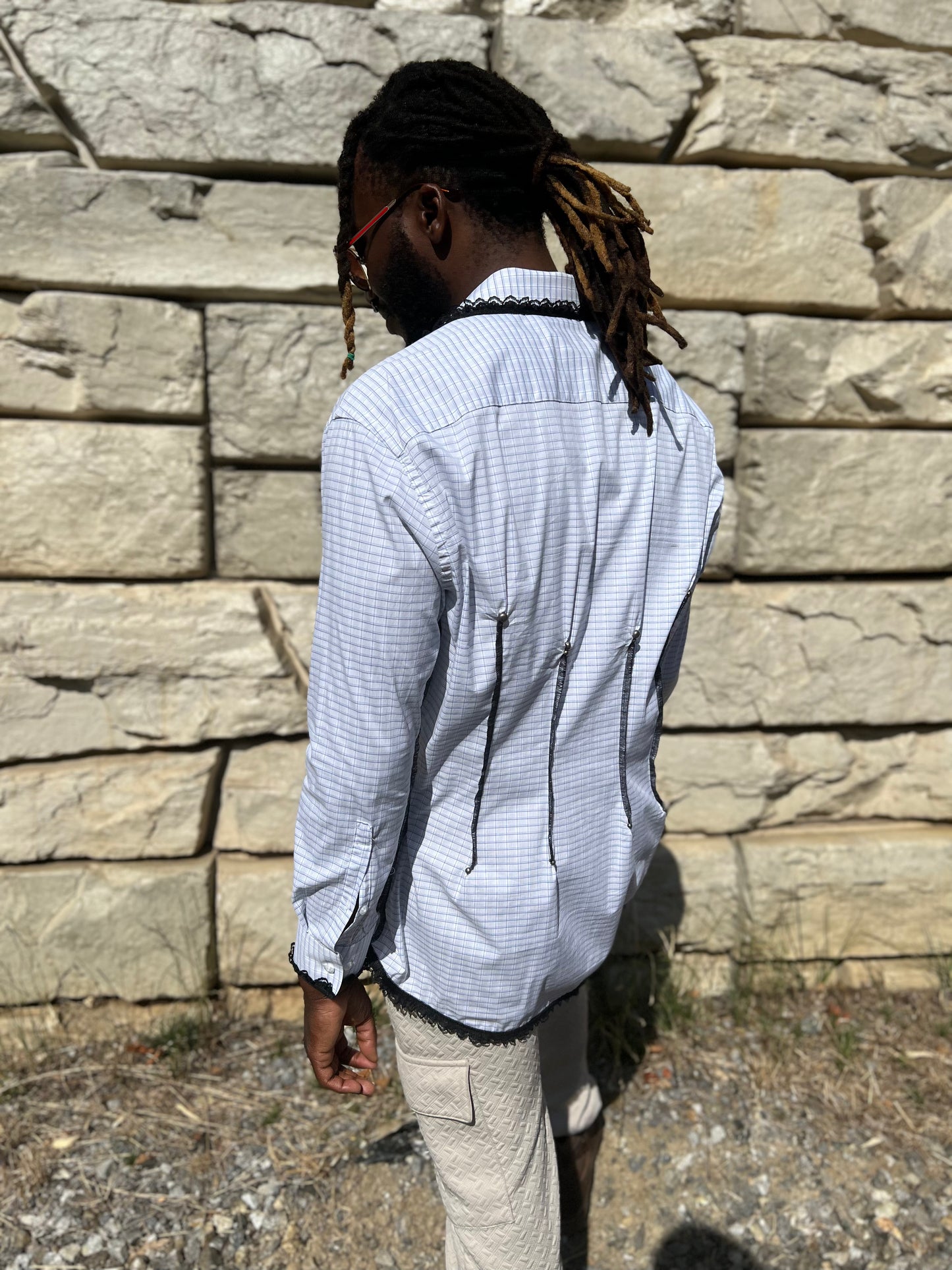 White Checkered Button Down Serged Dress Shirt
