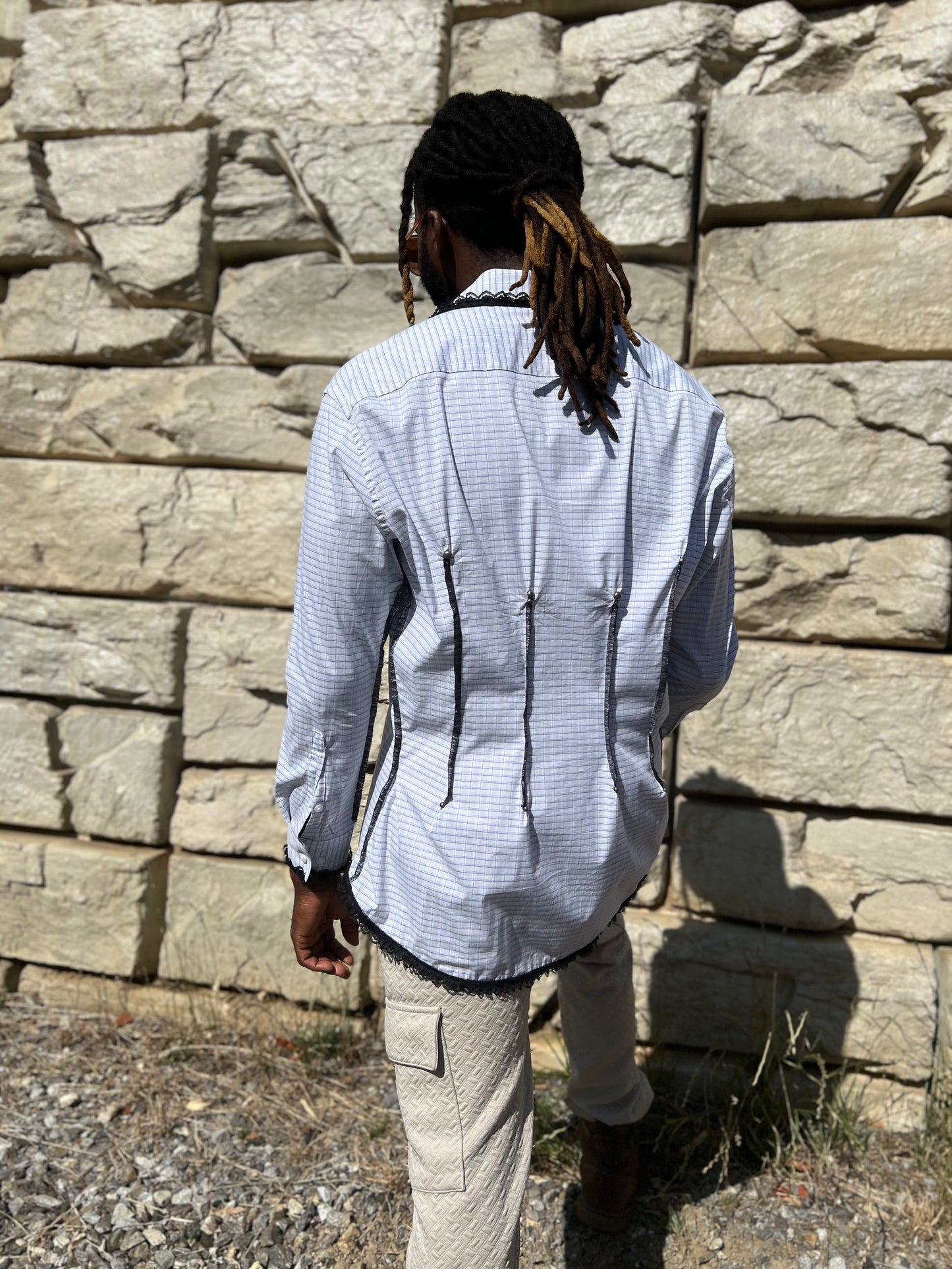 White Checkered Button Down Serged Dress Shirt
