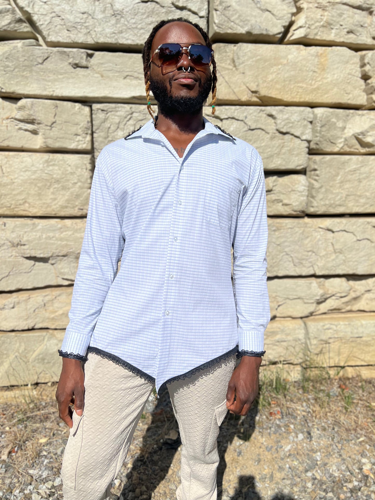 White Checkered Button Down Serged Dress Shirt