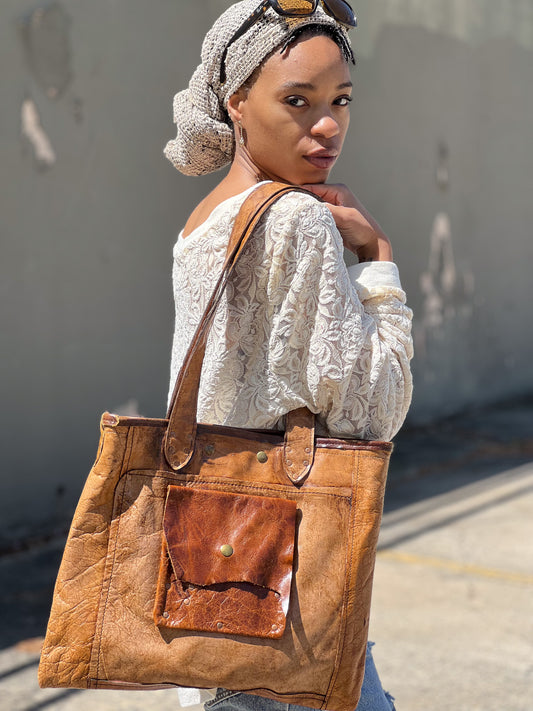Antiqued Tan Leather Western Patchwork Medium Tote