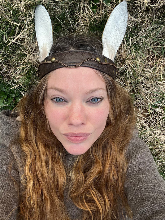 White Rabbit Ear Leather Headband