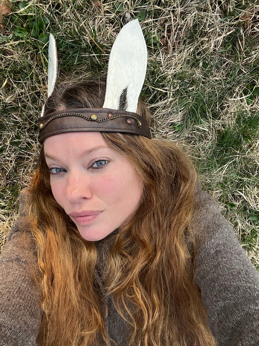 White Bunny Ears w/spot Leather Headband