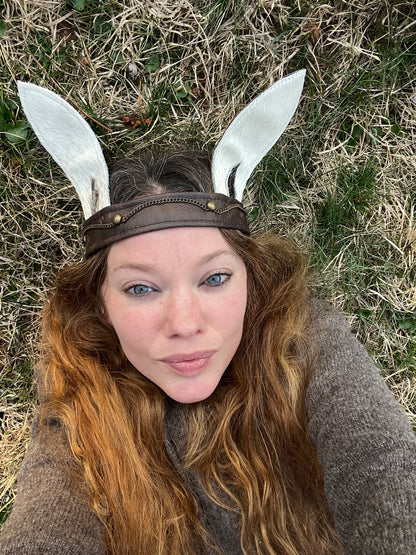 White Bunny Ears w/spot Leather Headband