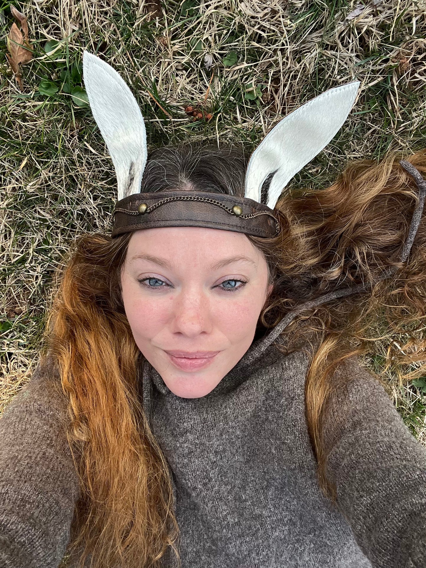 White Bunny Ears w/spot Leather Headband