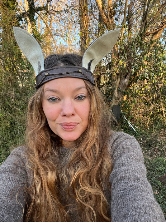 White Bunny Ears w/spot Leather Headband
