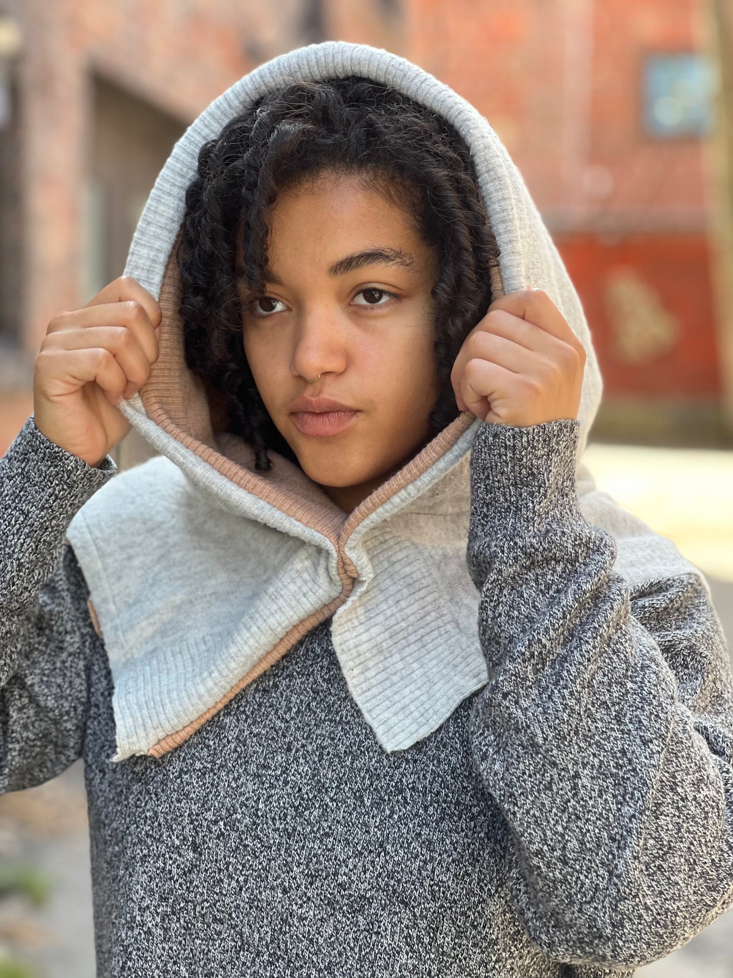 Almond & Grey Reversible Sweater Hood