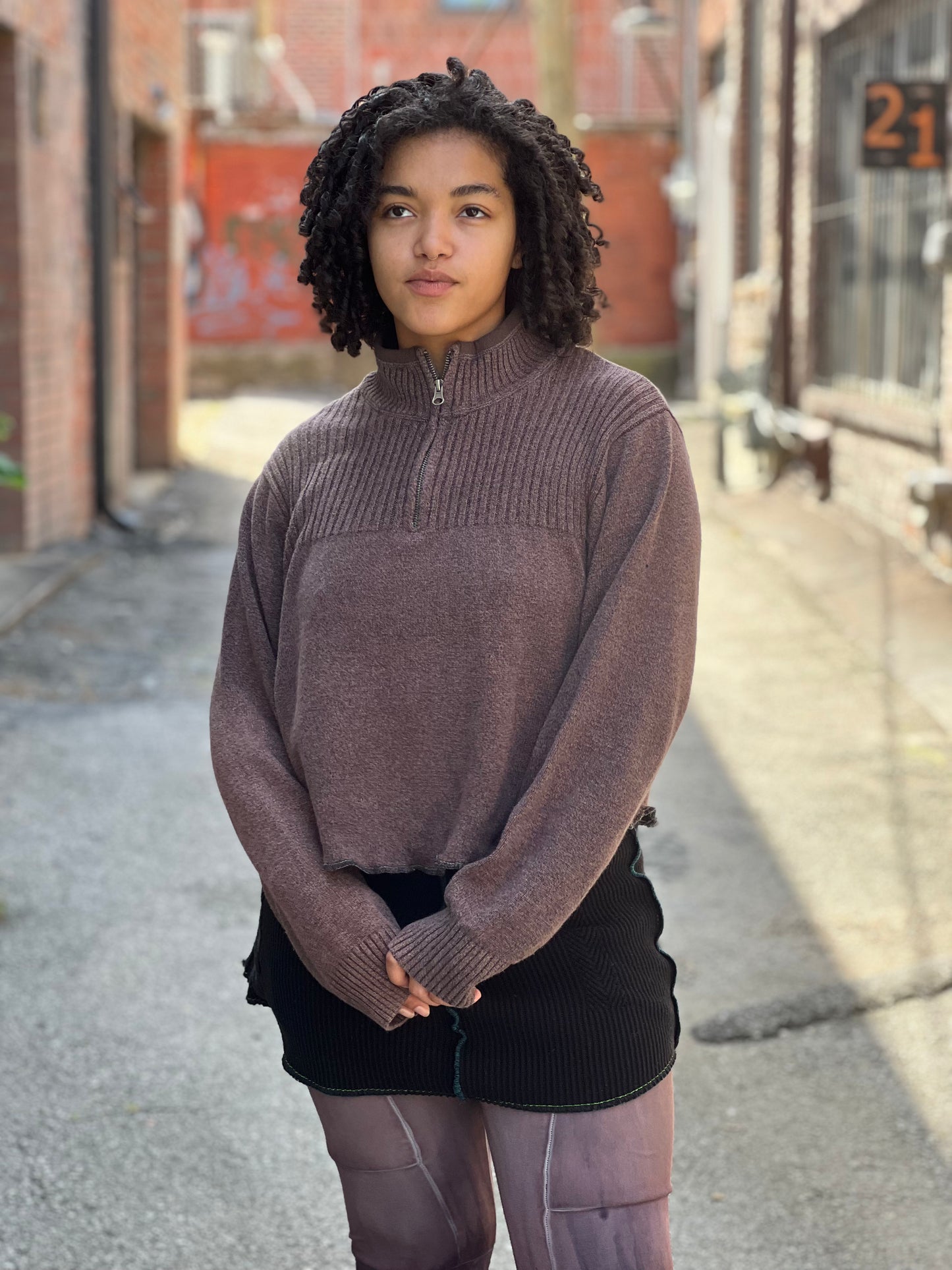 Bleach Dyed Brown Zip up Crop Sweater