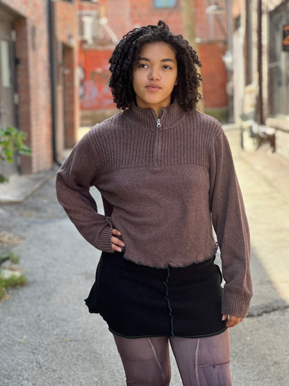 Bleach Dyed Brown Zip up Crop Sweater