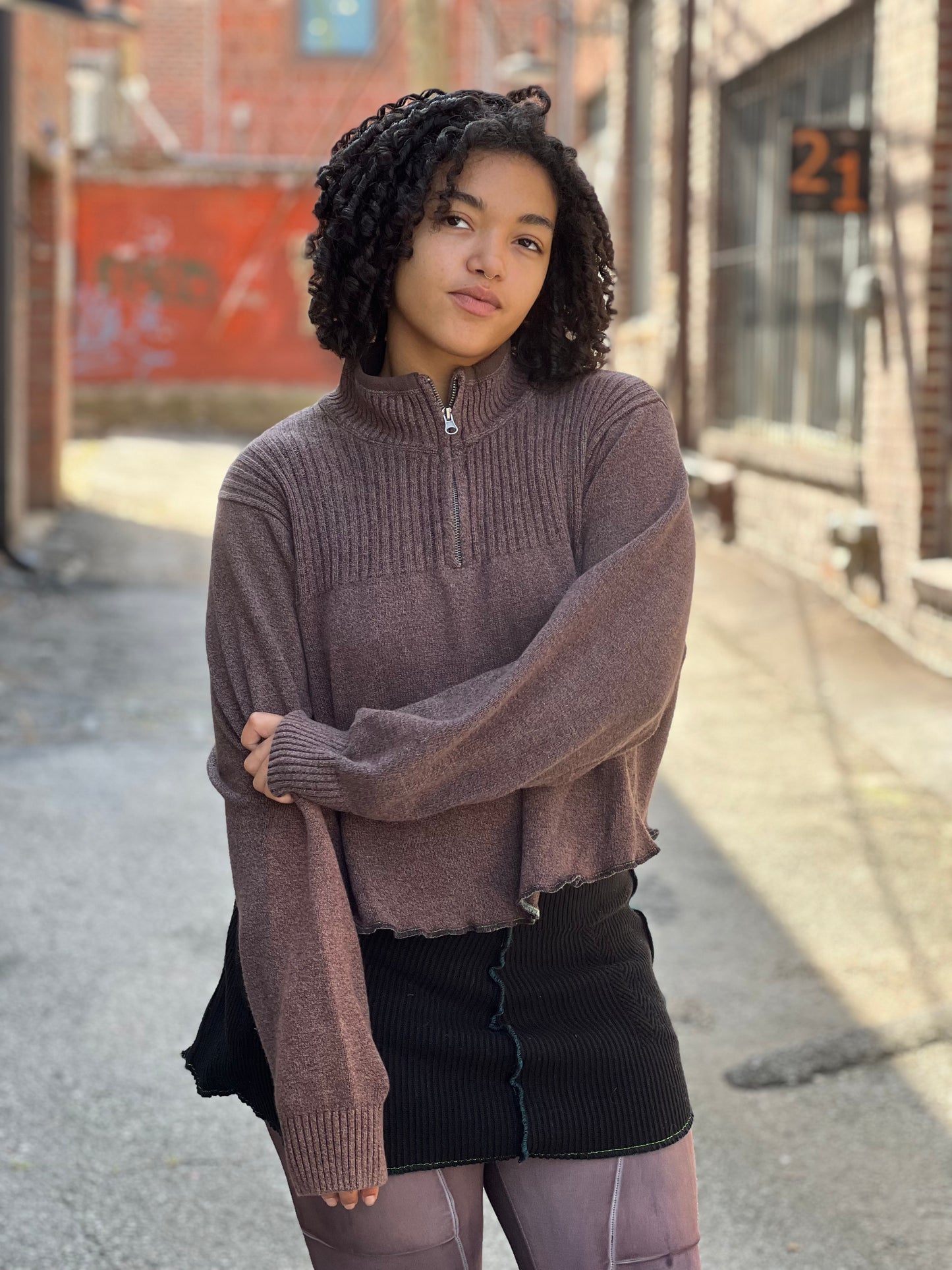 Bleach Dyed Brown Zip up Crop Sweater