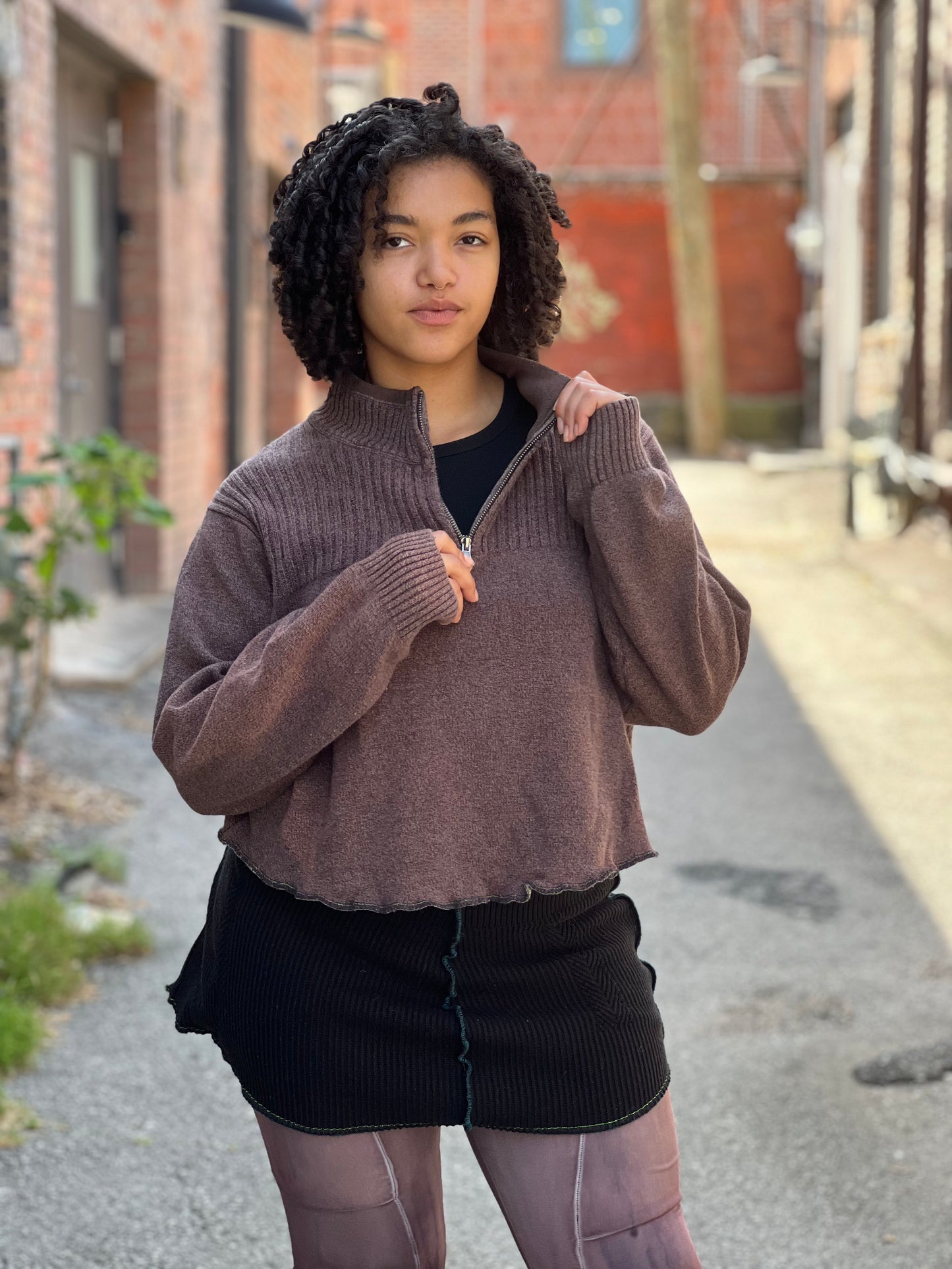 Bleach Dyed Brown Zip up Crop Sweater
