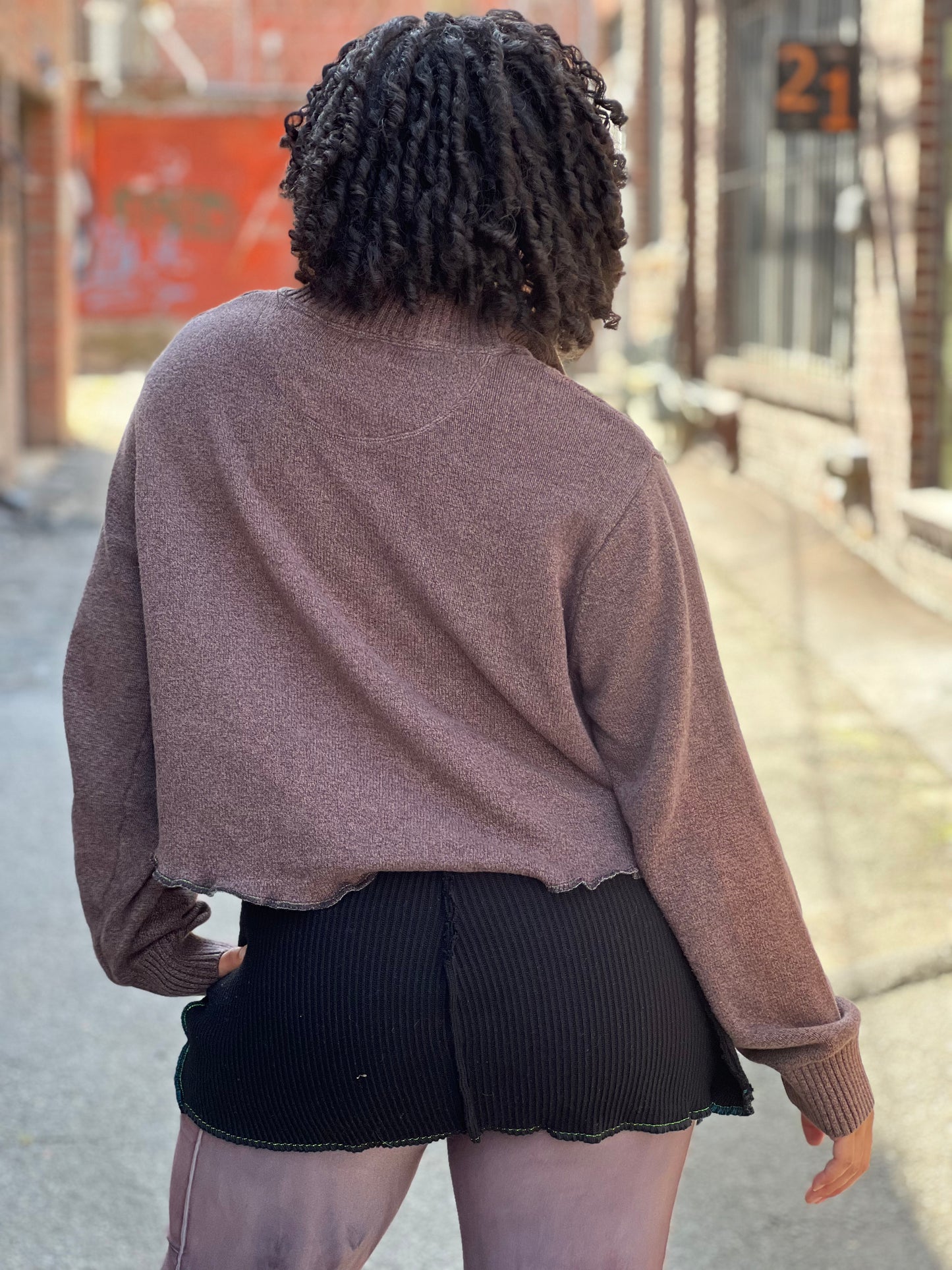 Bleach Dyed Brown Zip up Crop Sweater