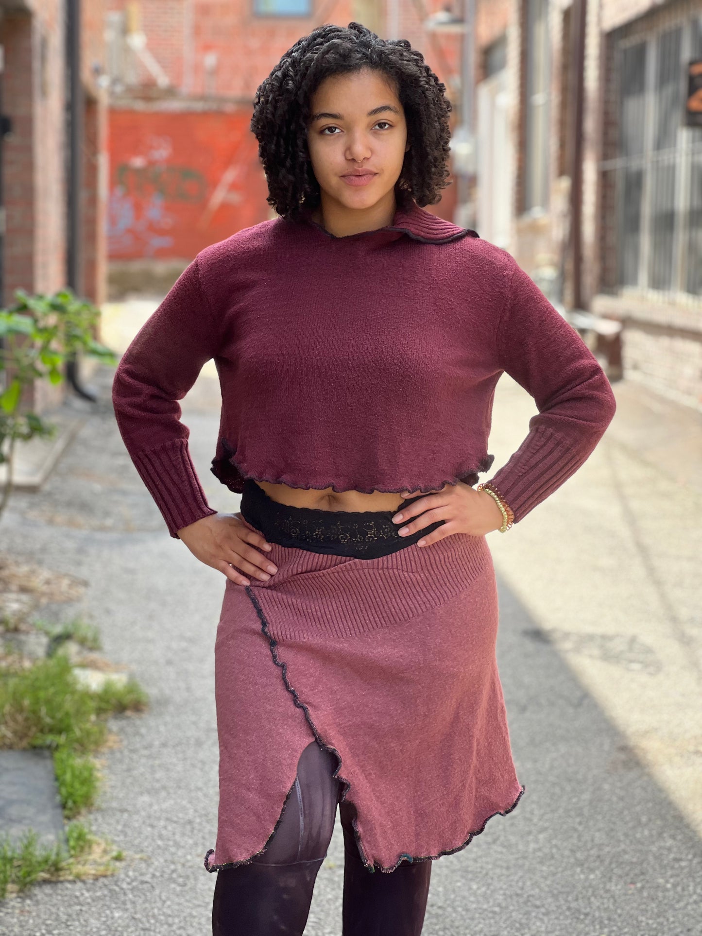 Burgundy Cowl Neck Crop Sweater