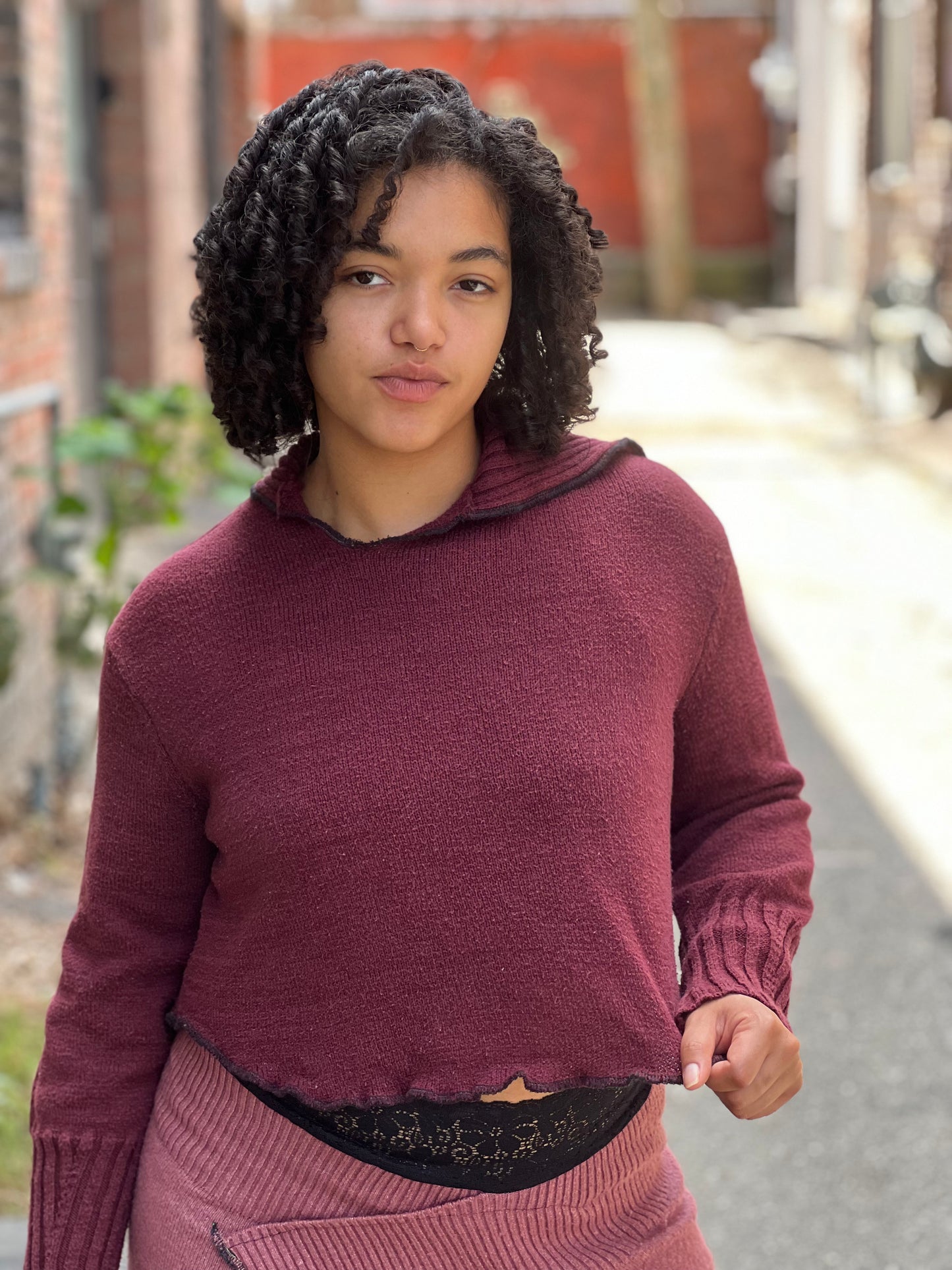 Burgundy Cowl Neck Crop Sweater