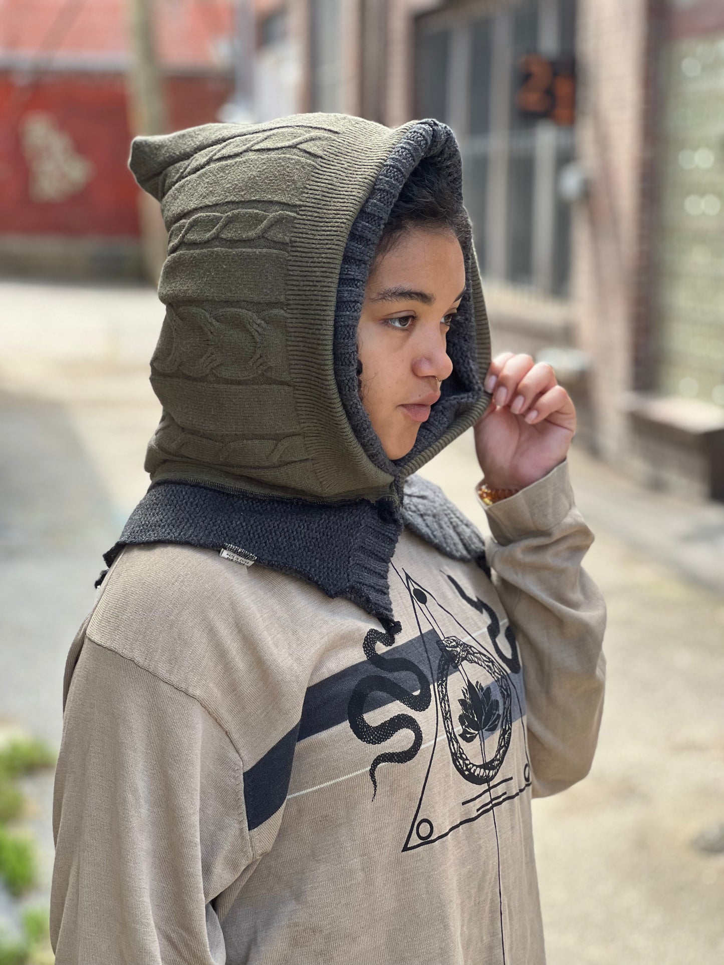 Olive & Smoke Reversible Sweater Hood