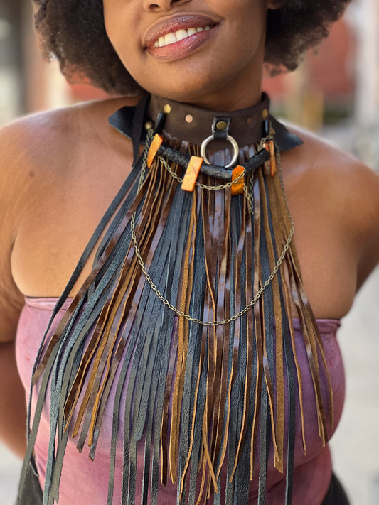 Abalone Shell & Leather Fringe Choker