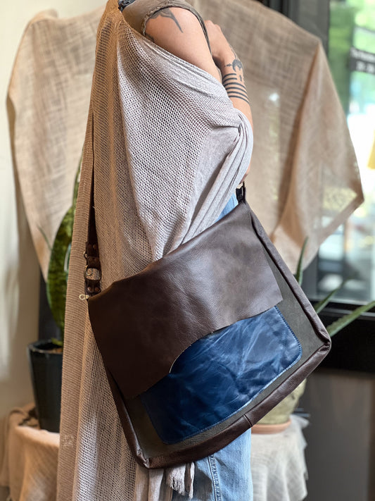 Indigo & Grey Leather Messenger Bag
