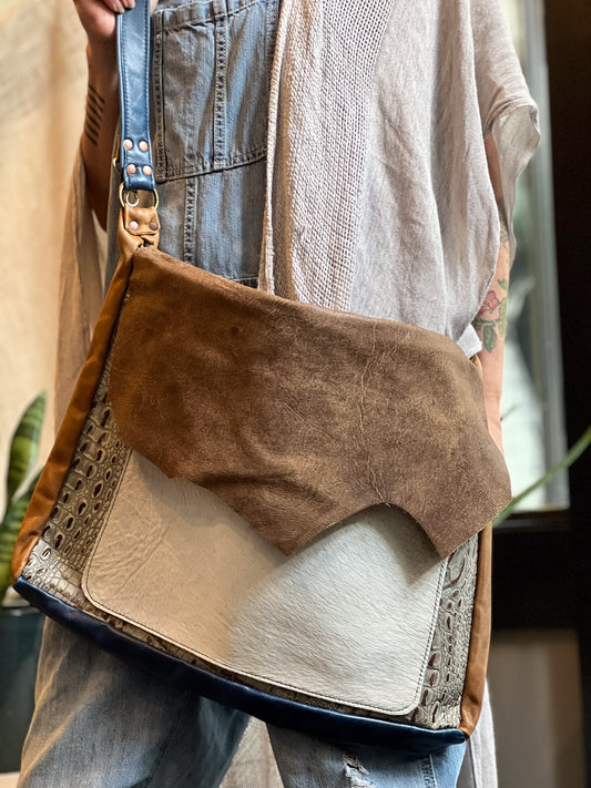 Brown & Ivory Hide Leather Messenger Bag